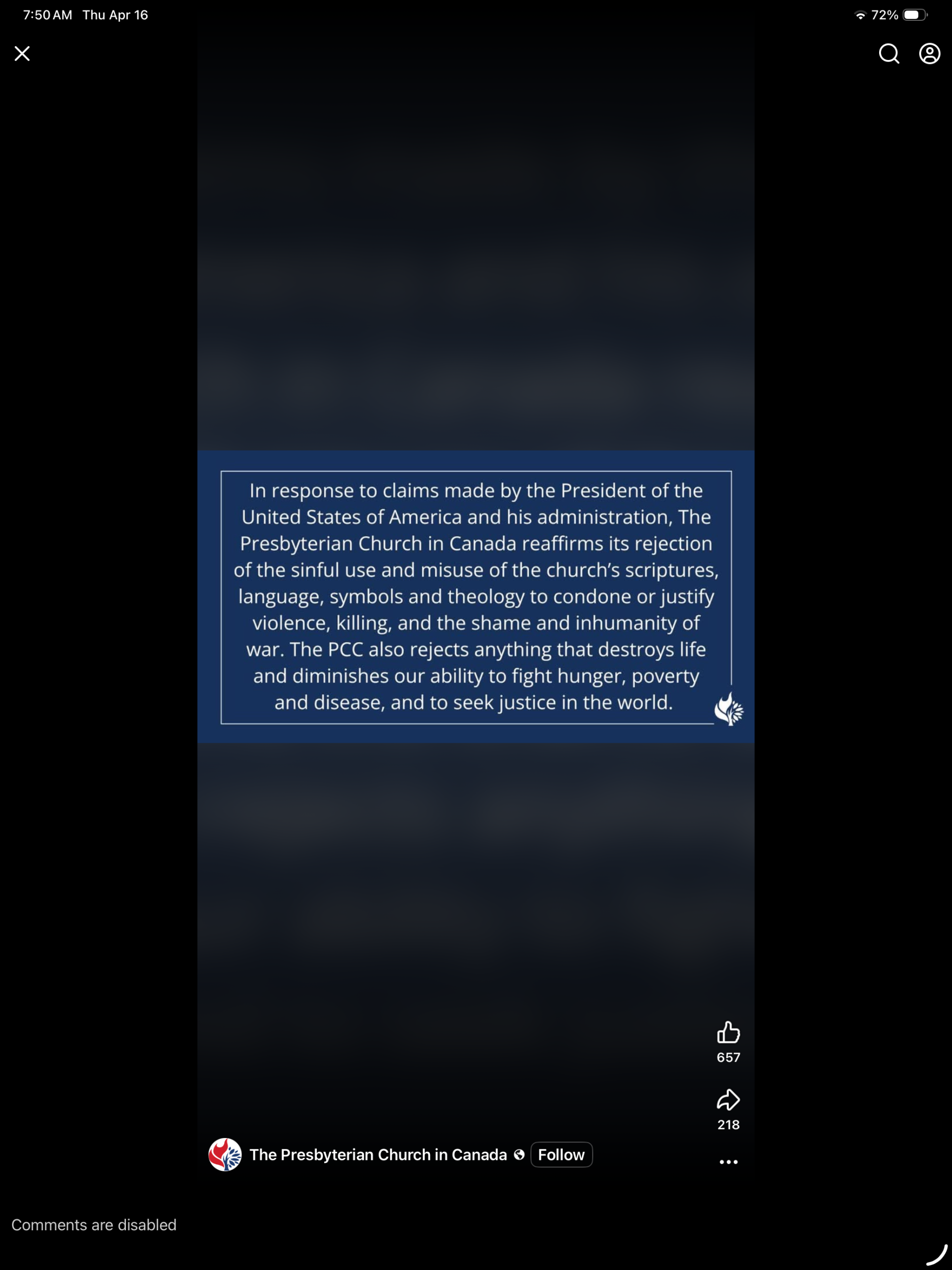 National Church Posting response to Donald Trump April 16,2026